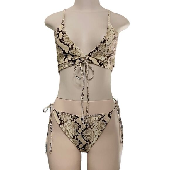 Nasty Gal Snake Animal Print Tie Detail Cut Out Triangle Bikini Set Size Med 10 - Picture 2 of 11